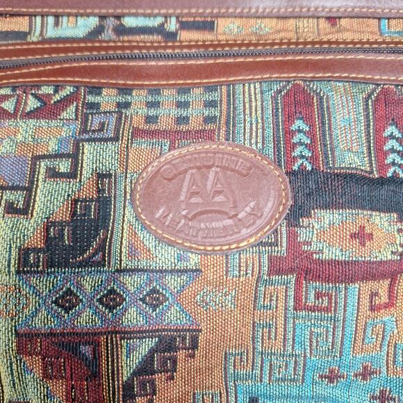 Genuine Leather Tapestery Satchel Bag Luggage Aztex Southwest 20x15x10 - Picture 2 of 9